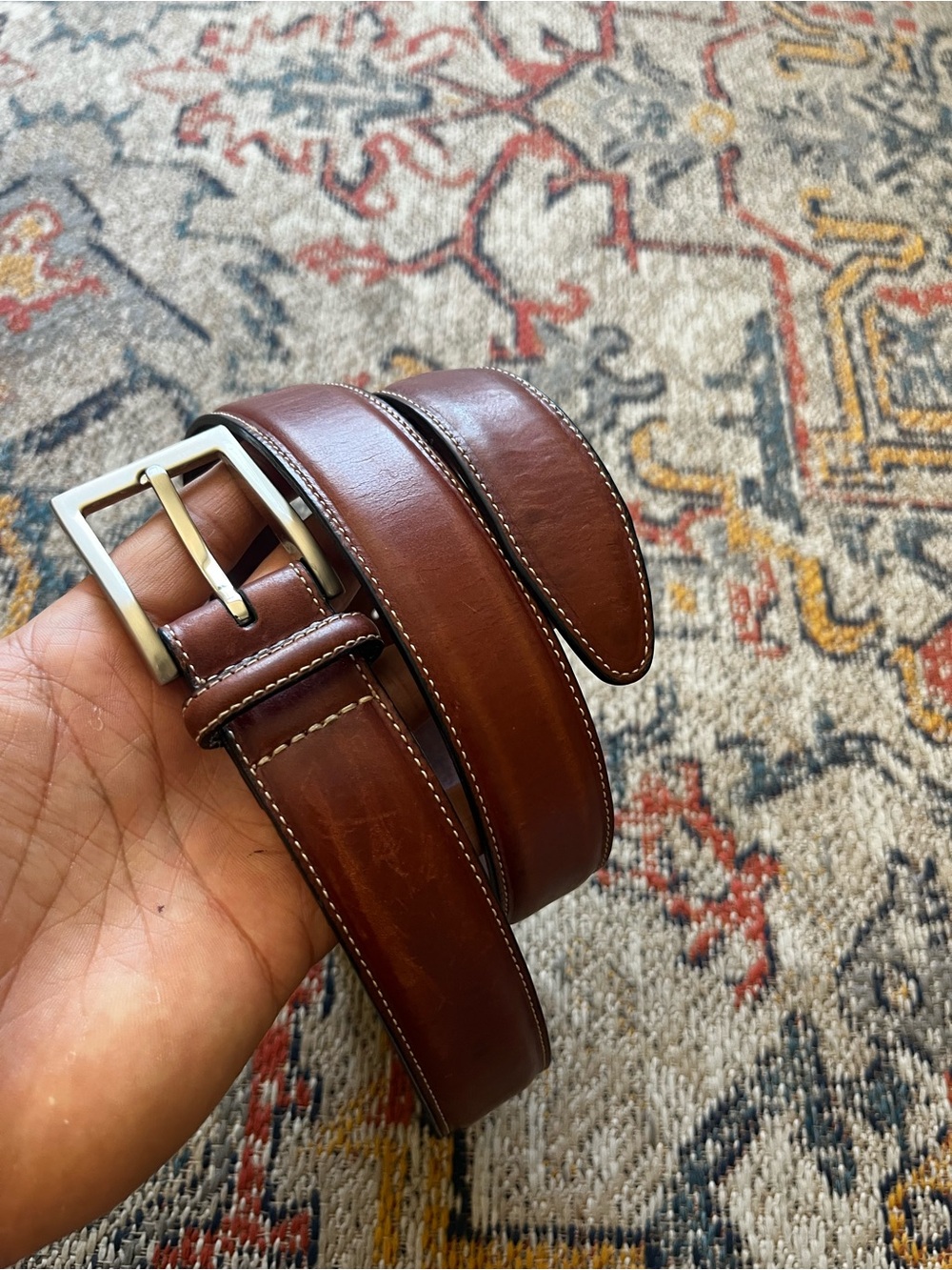 Classic Brown Leather Men's Belt - Genuine Leather Size 36 Silver Buckle